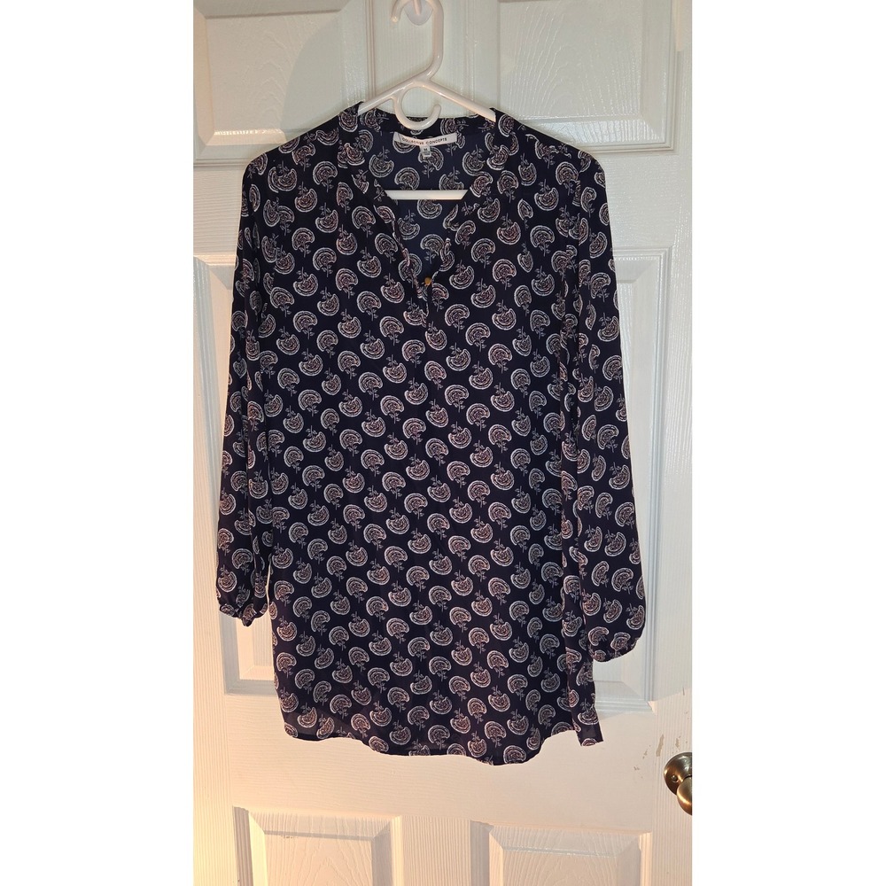 Collective Concepts Navy Blue Floral Medallion Print Tunic Blouse Medium